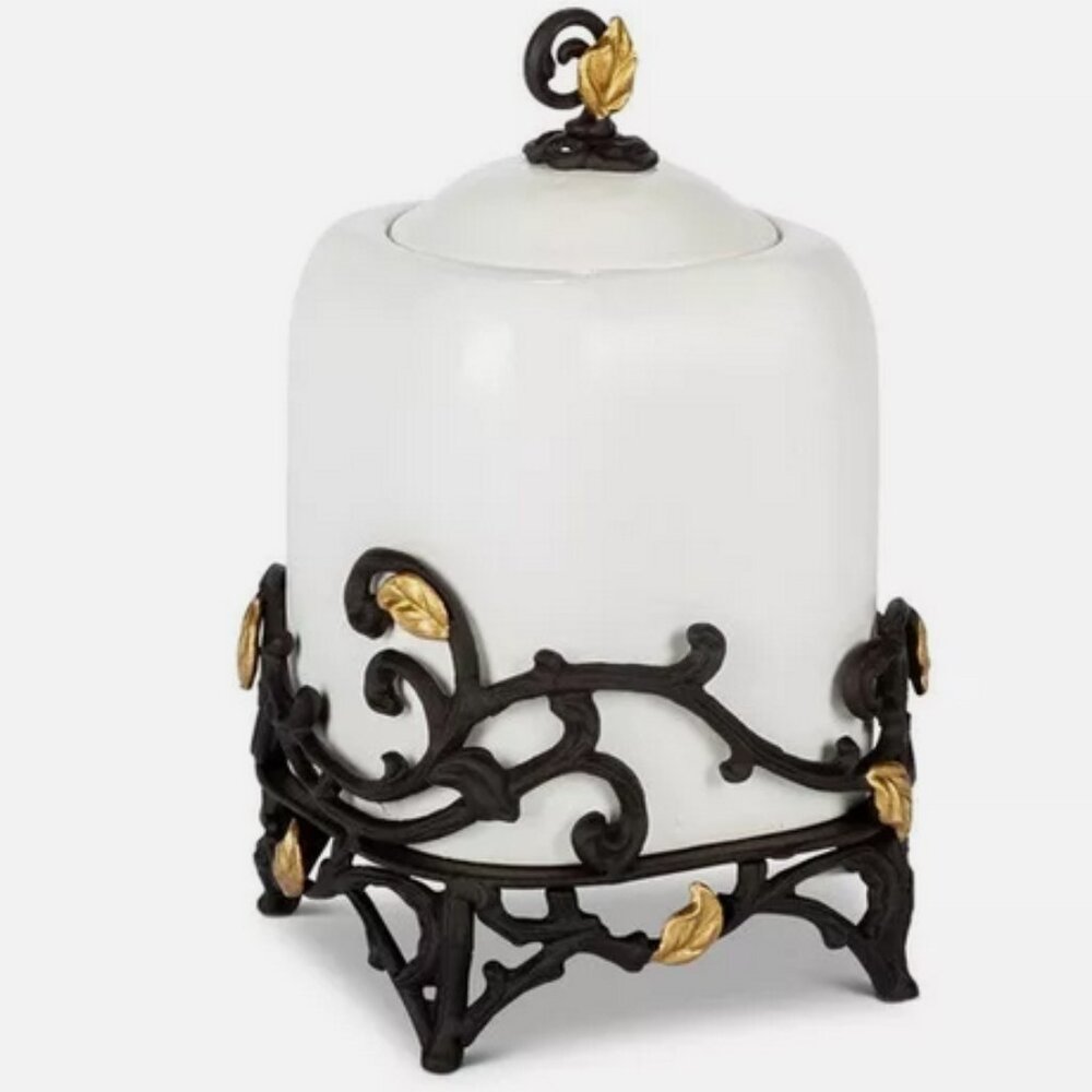 GG Collection SMALL White Stoneware Canister w/Metal & Gold Leaf Base NEW+ VHTF